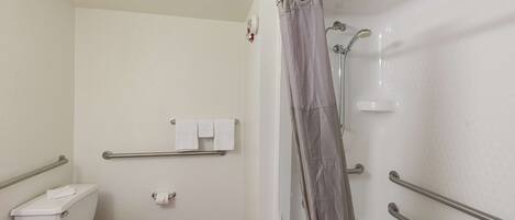 A bathroom with a toilet, a shower with a glass door, and a handrail.