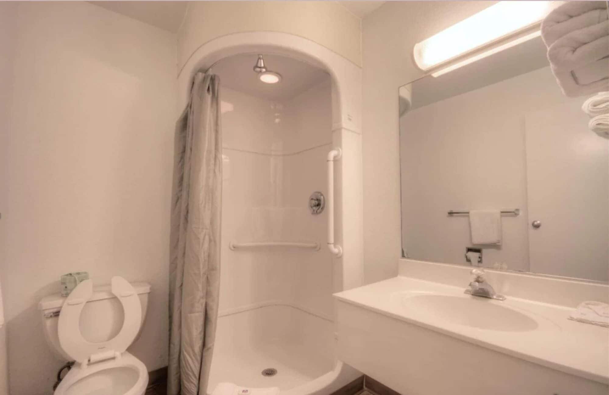 A bathroom with a shower, toilet, and sink.
