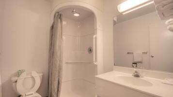 A bathroom with a shower, toilet, and sink.