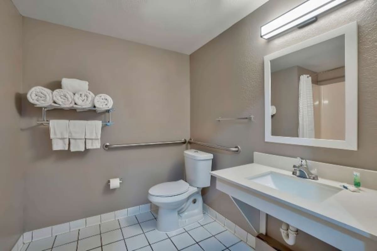 A bathroom with a toilet, handrails, a sink, and a mirror.