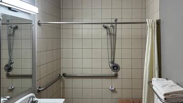 Separate tub and shower, rainfall showerhead, towels, soap