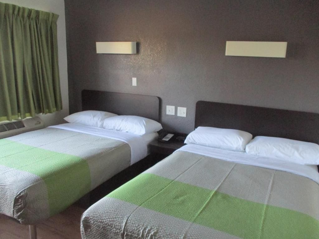 A hotel room with two beds, each with a white pillow and a green and white striped blanket. There are wall-mounted light fixtures above the beds and a window with green curtains.