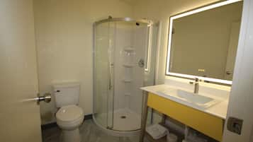 A bathroom with a glass-enclosed shower, a toilet, and a sink with a mirror above it.