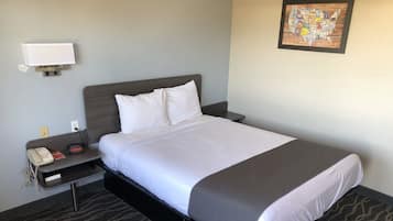 Desk, laptop workspace, free WiFi, bed sheets