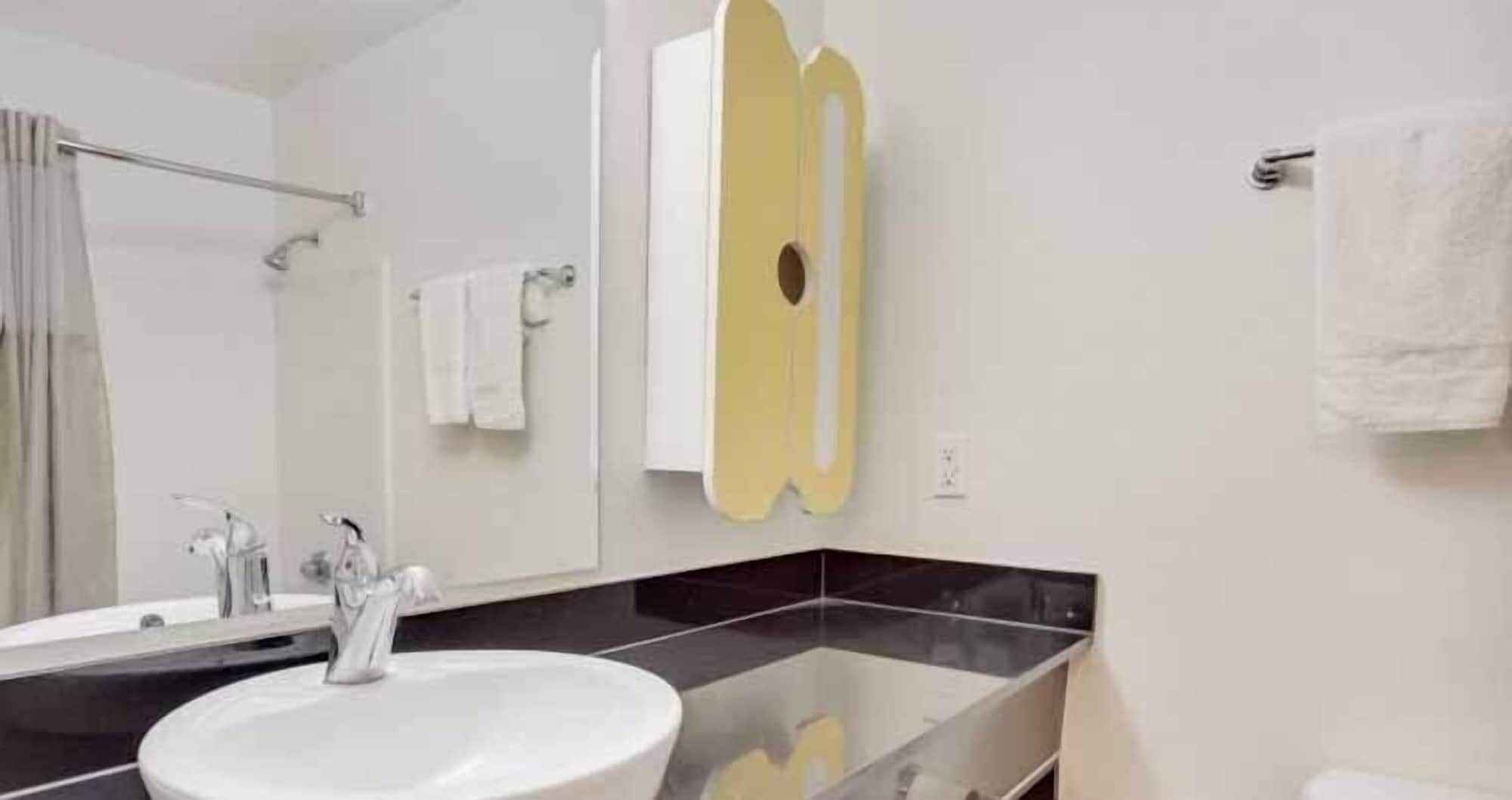 A bathroom with a large mirror, a white sink, and a black countertop.