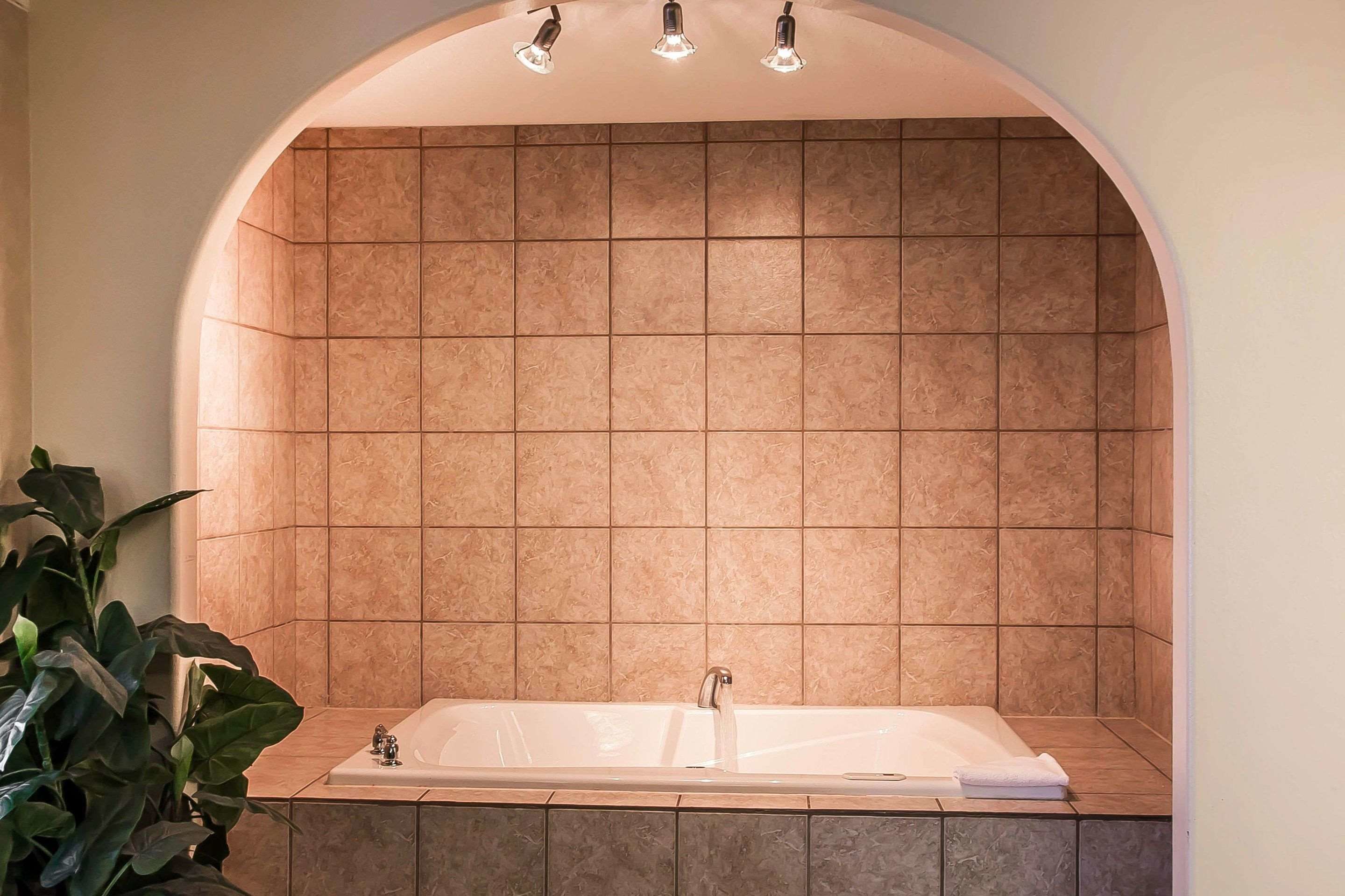 Un baño con una bañera independiente, un muro con azulejos y una planta.