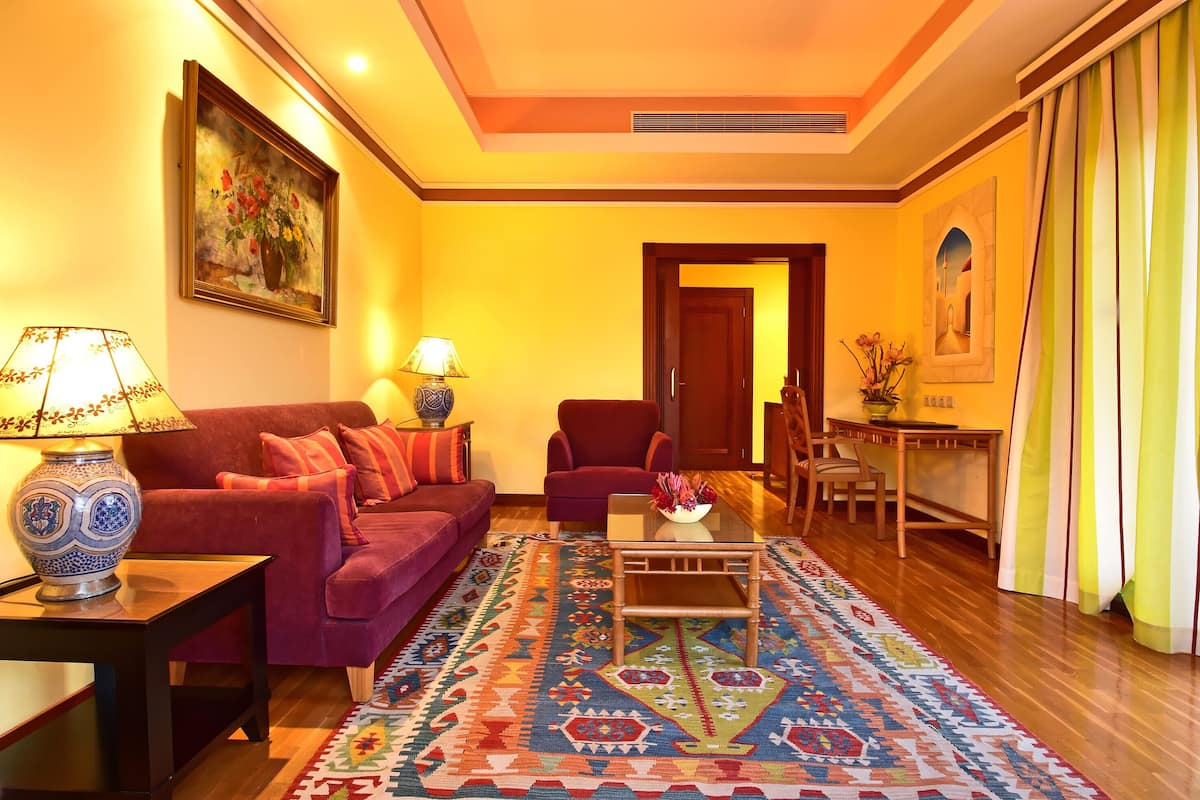 Uma sala de estar com sofá, poltrona e mesa de centro, um tapete estampado e um quadro na parede.