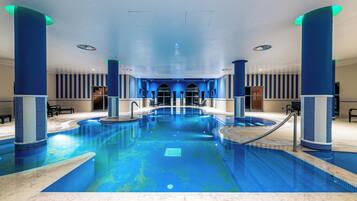 Indoor pool, outdoor pool, pool loungers