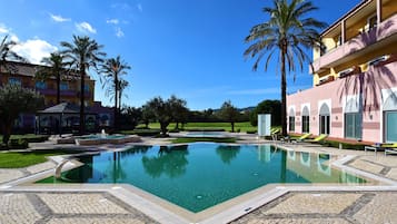 Indoor pool, outdoor pool, sun loungers