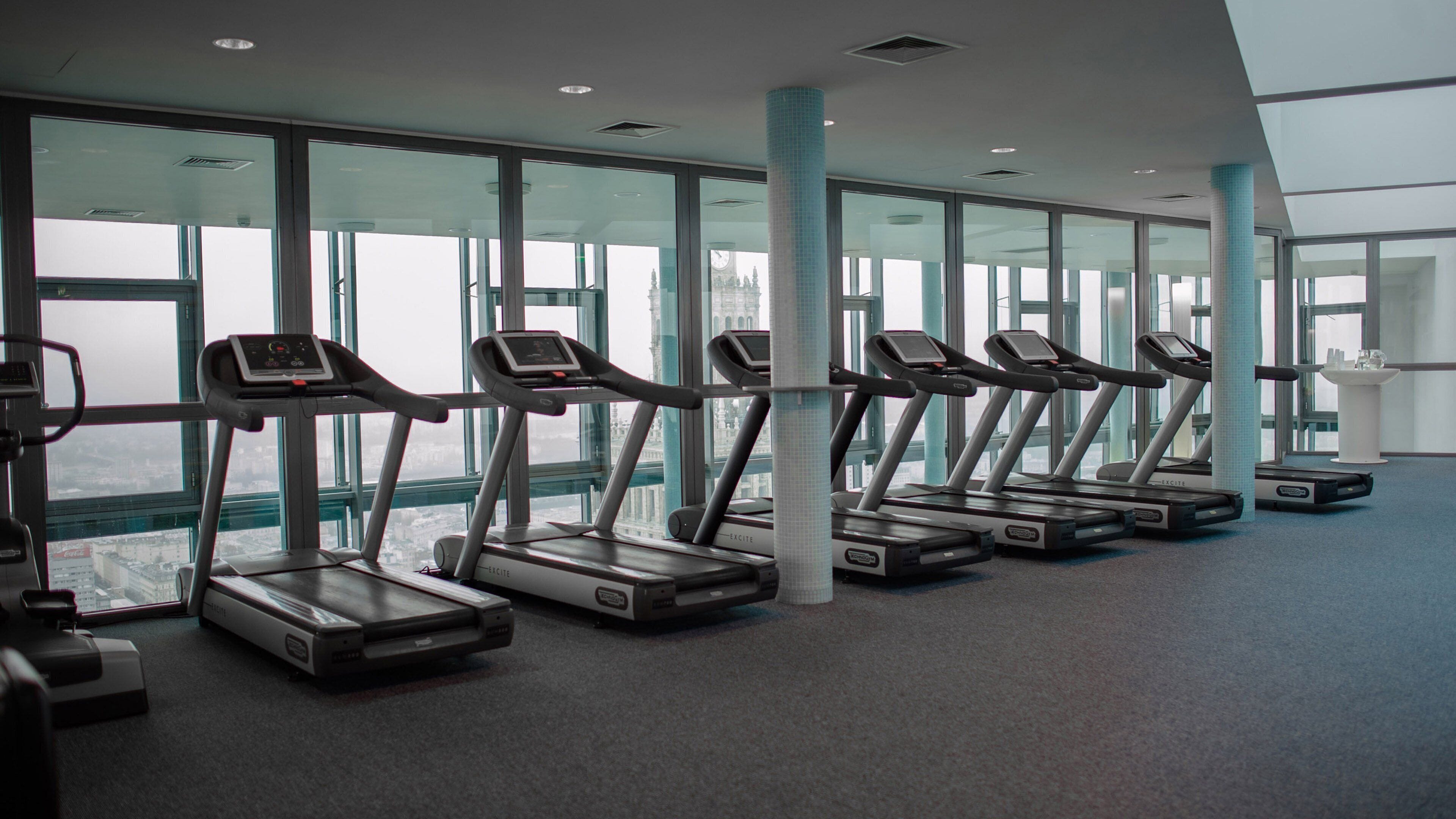 A gym with treadmills aligned in rows, large windows, and a modern ceiling design.