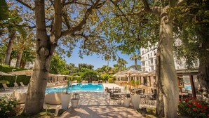 A pool area with lounge chairs and umbrellas, surrounded by trees and a building in the background. - Hotel Mediterraneo (Sant'Agnello)
