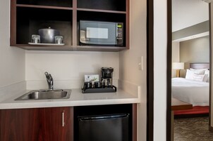Mini-fridge, microwave, coffee/tea maker