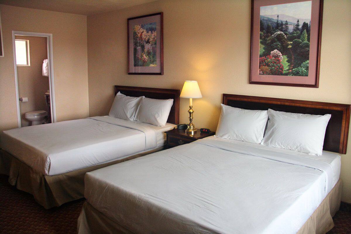 Quarto de hotel com duas camas, uma mesa de cabeceira com luminária e duas imagens emolduradas na parede.
