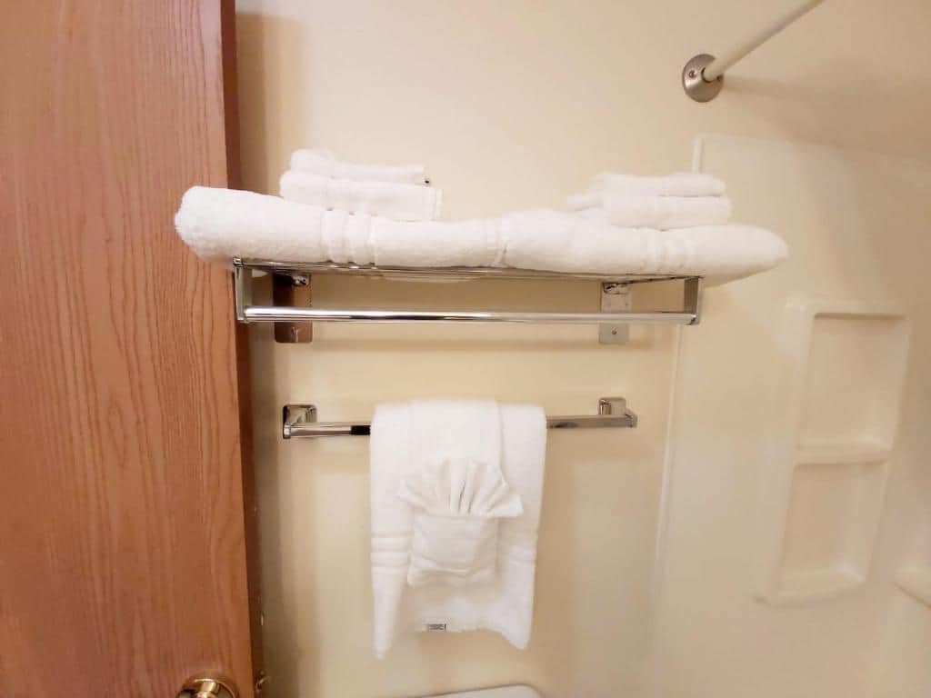 Un baño con un perchero que sostiene toallas dobladas.