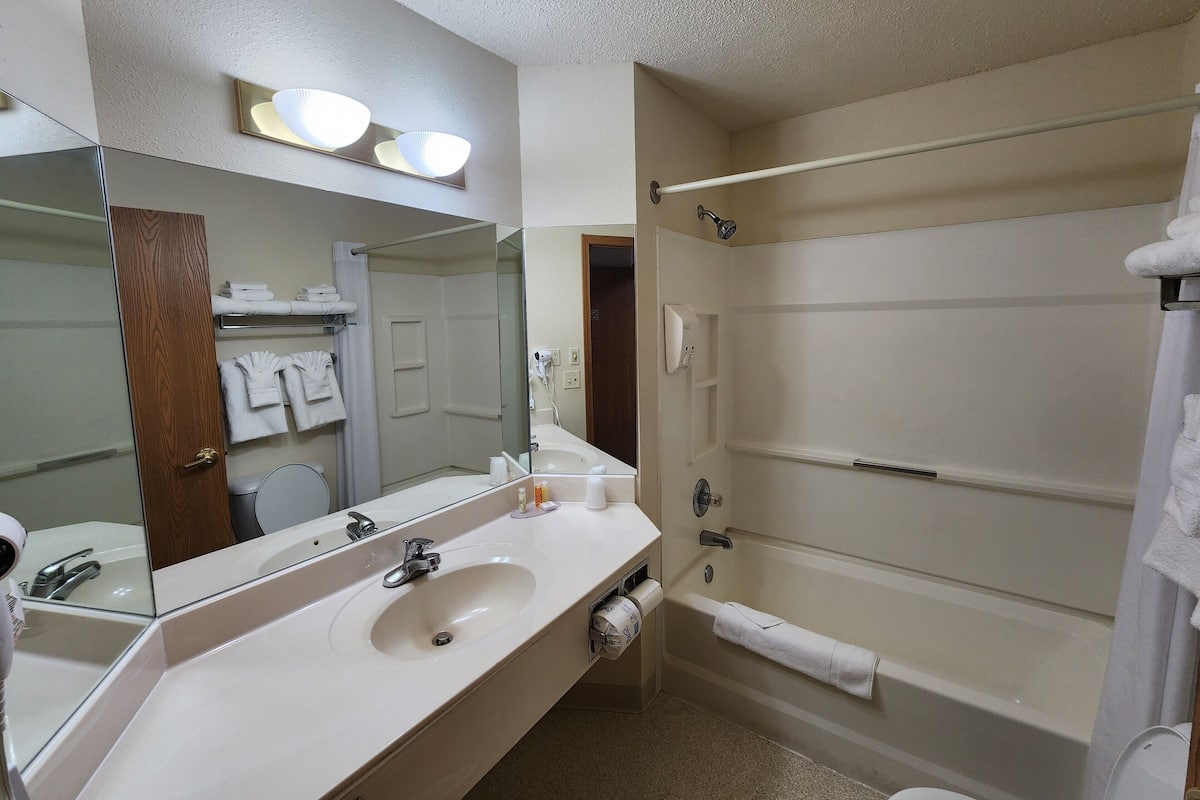 combined shower/bathtub, free toiletries, hair dryer, towels