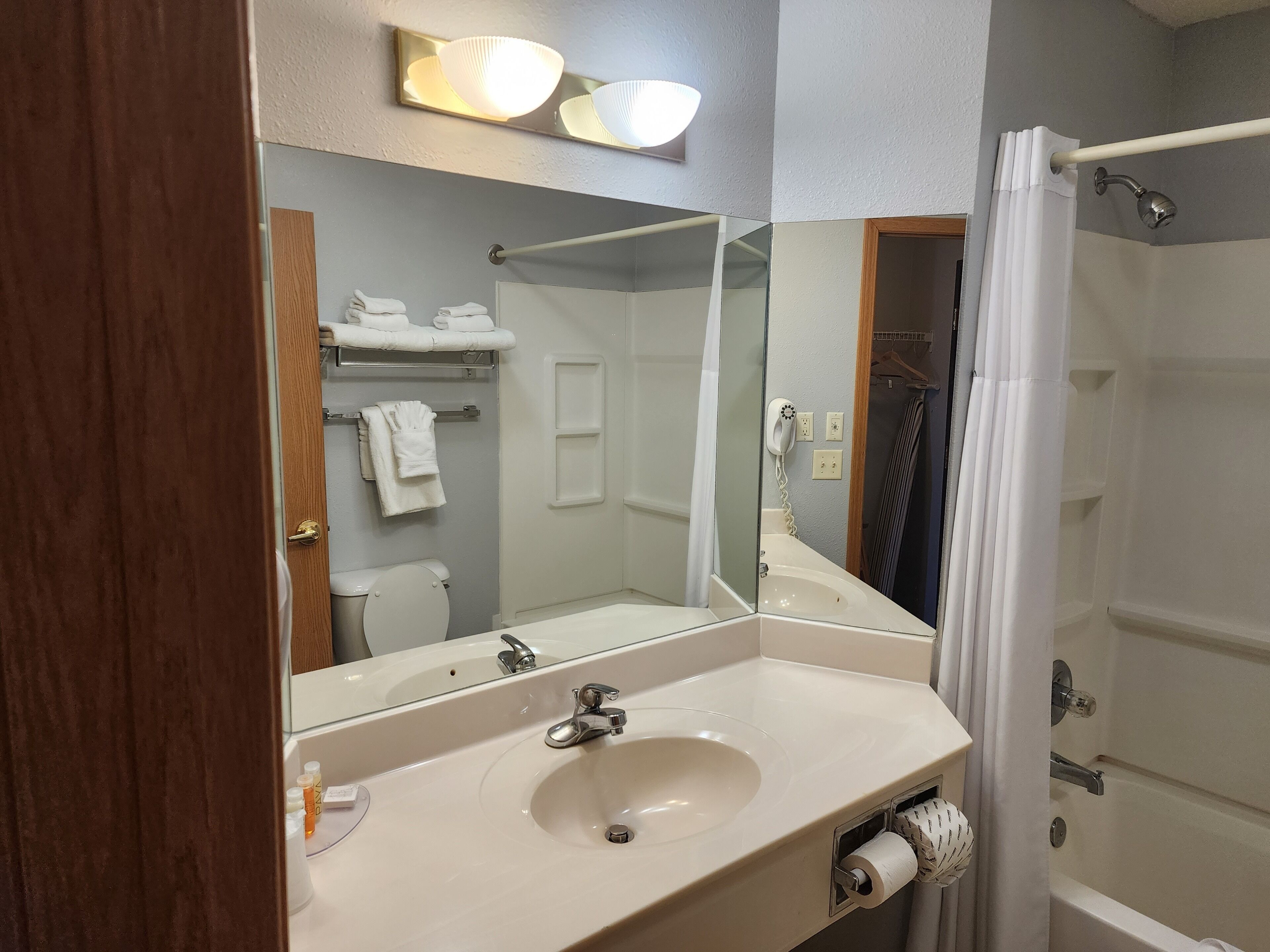 combined shower/bathtub, free toiletries, hair dryer, towels