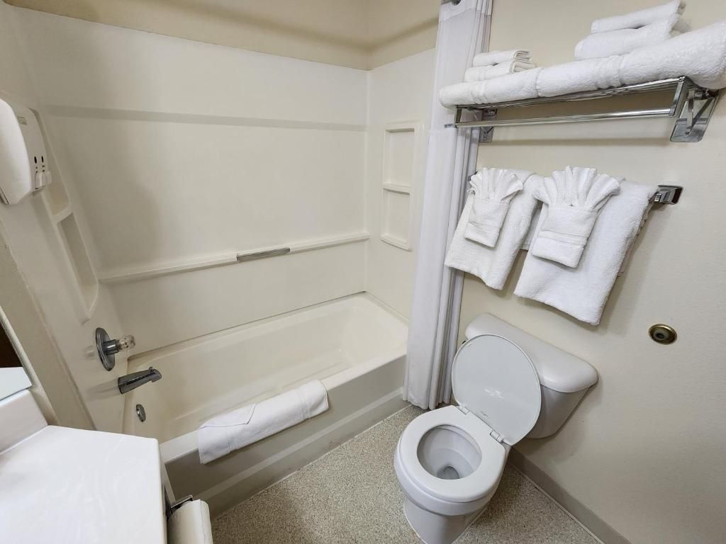 A bathroom with a bathtub, toilet, and towel rack.