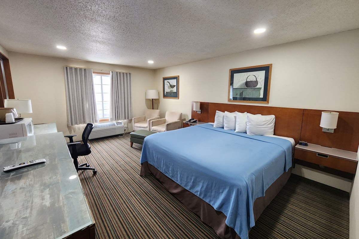 A hotel room with a bed, a desk, a chair, a lamp, and a window with curtains.