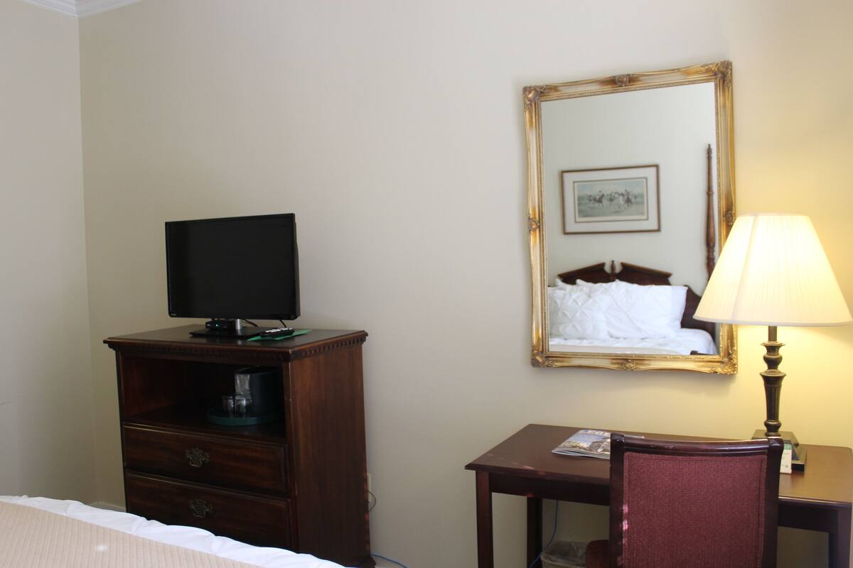 Une chambre d’hôtel avec un lit, un téléviseur posé sur une commode en bois, un bureau avec une lampe et un miroir qui reflète le lit et un tableau.