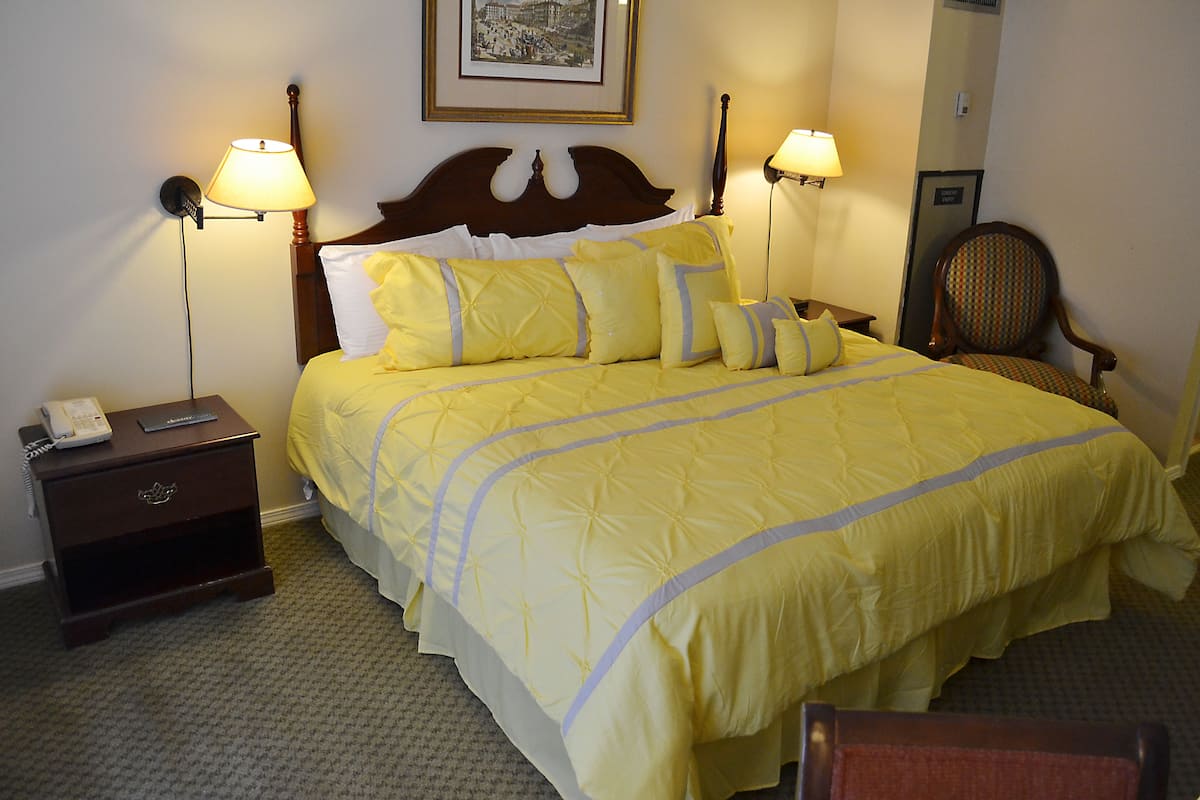 Une chambre d’hôtel avec un grand lit, deux tables de chevet avec des lampes, une chaise et un tableau encadré au mur.