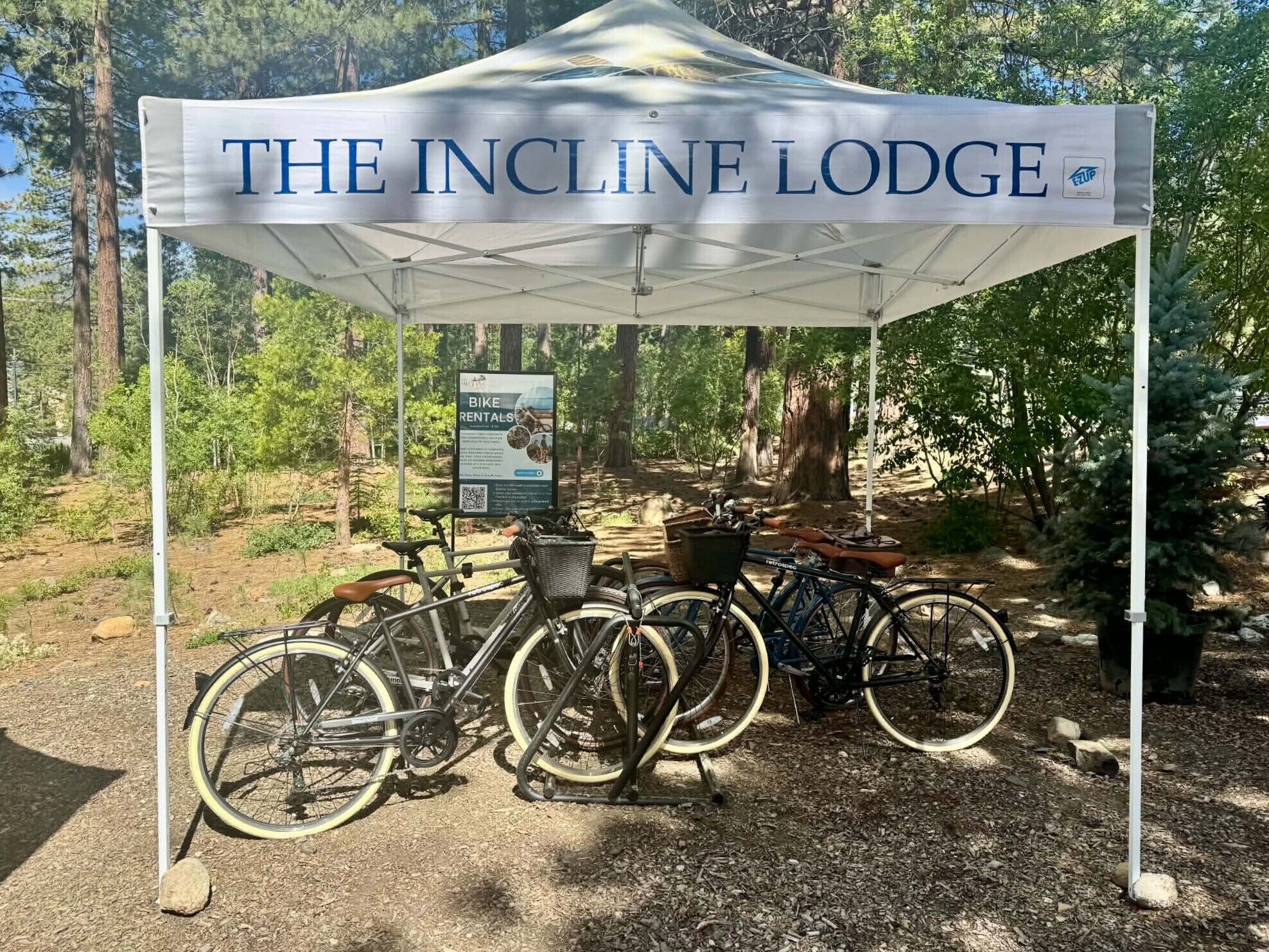 Ein Zelt mit der Aufschrift 'THE INCLINE LODGE', eine Schautafel zu Fahrradverleih und Bäume sowie Fahrräder in der Umgebung.