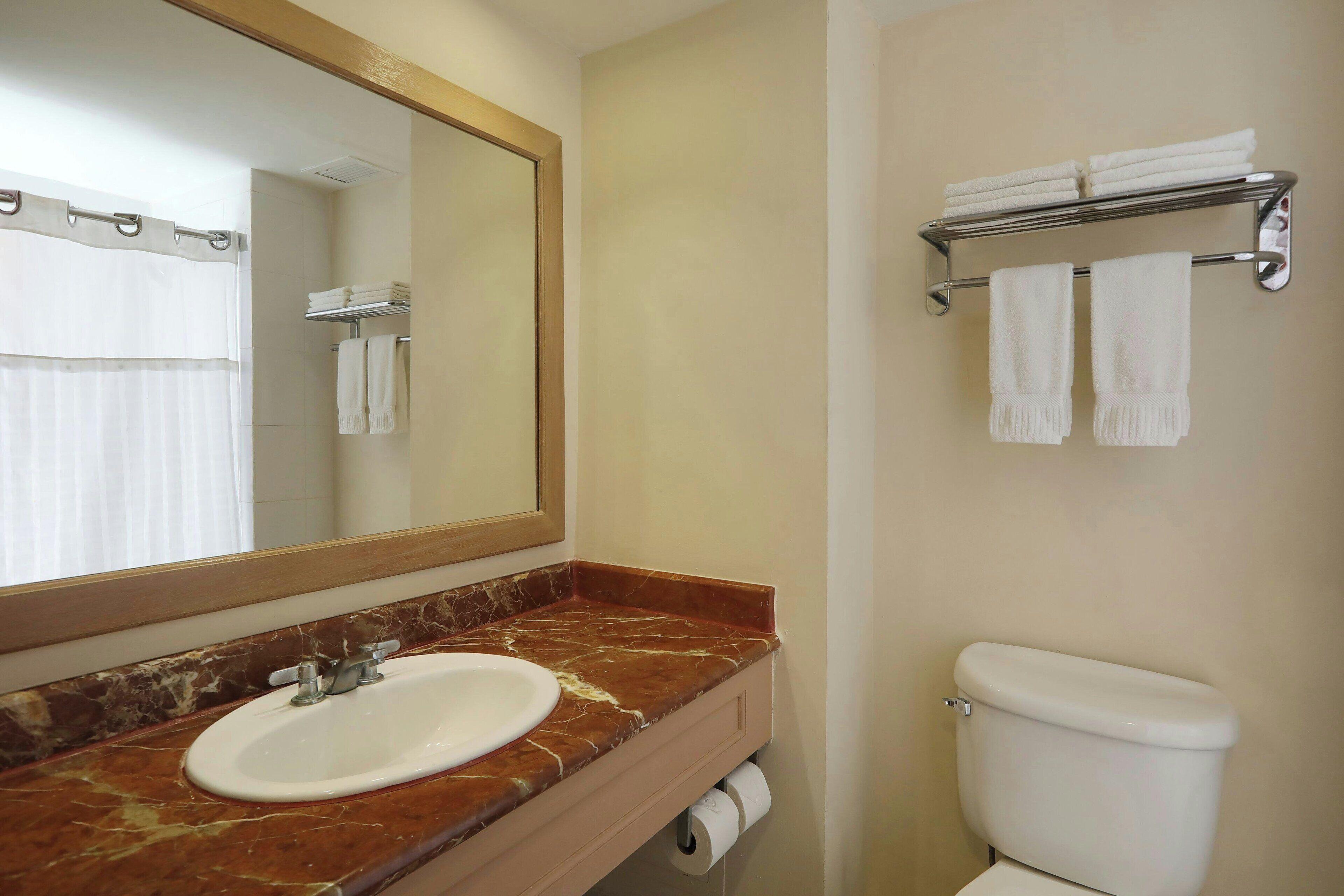 combined shower/bathtub, hair dryer, towels, soap