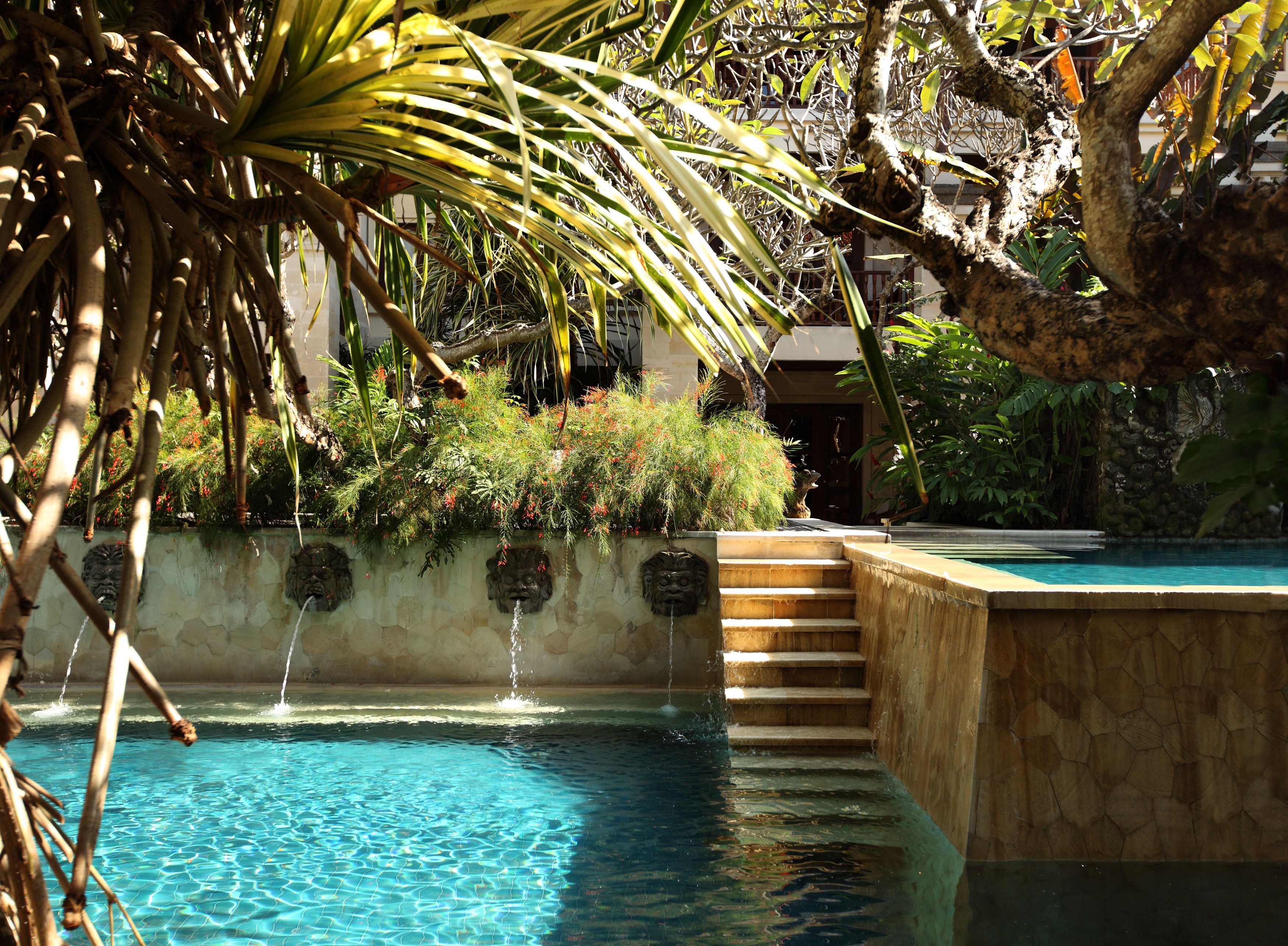 A pool with a stone wall, a staircase, and tropical plants.