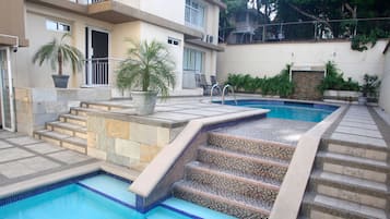 Outdoor pool, pool umbrellas