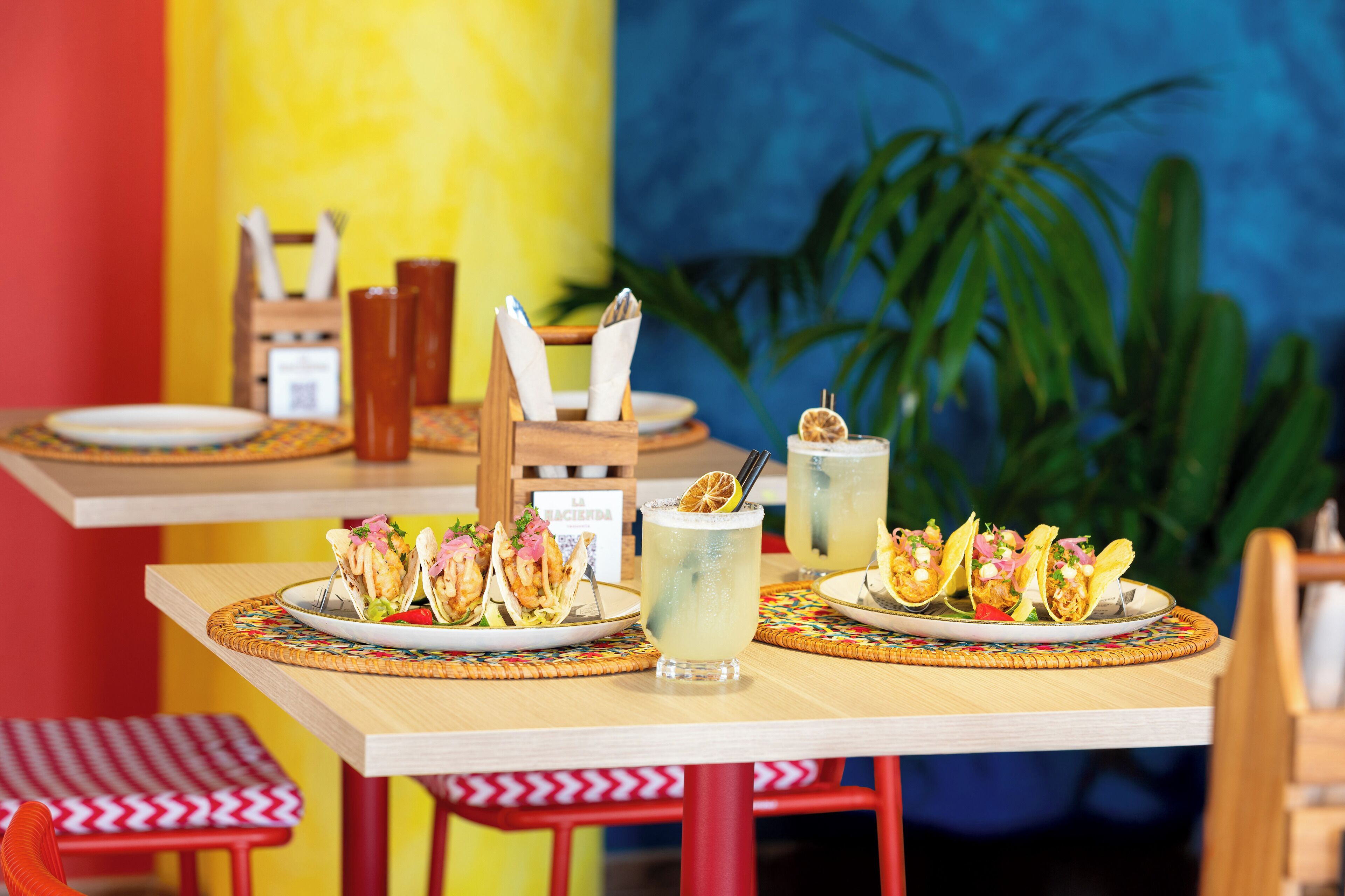 A dining table with plates of seafood tacos and a drink, set against a colorful wall with a plant in the background.