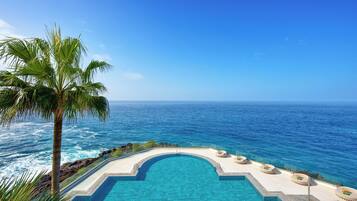 Outdoor pool, pool umbrellas, pool loungers