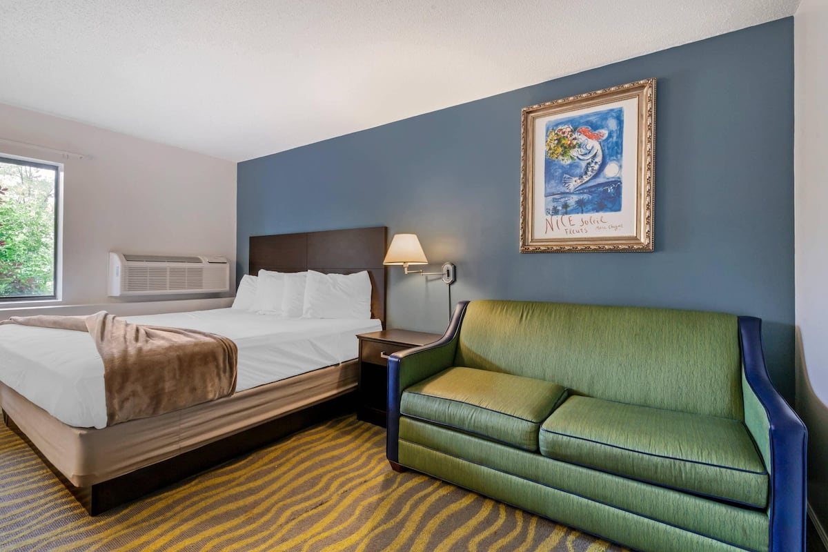 A hotel room with a bed, a green sofa, a framed artwork on the wall, and a window with blinds.