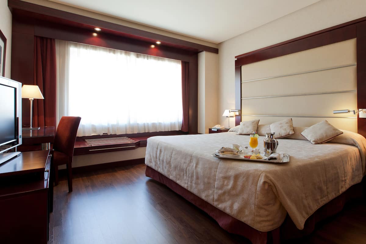 A hotel room with a large bed, a desk, a chair, and a TV.