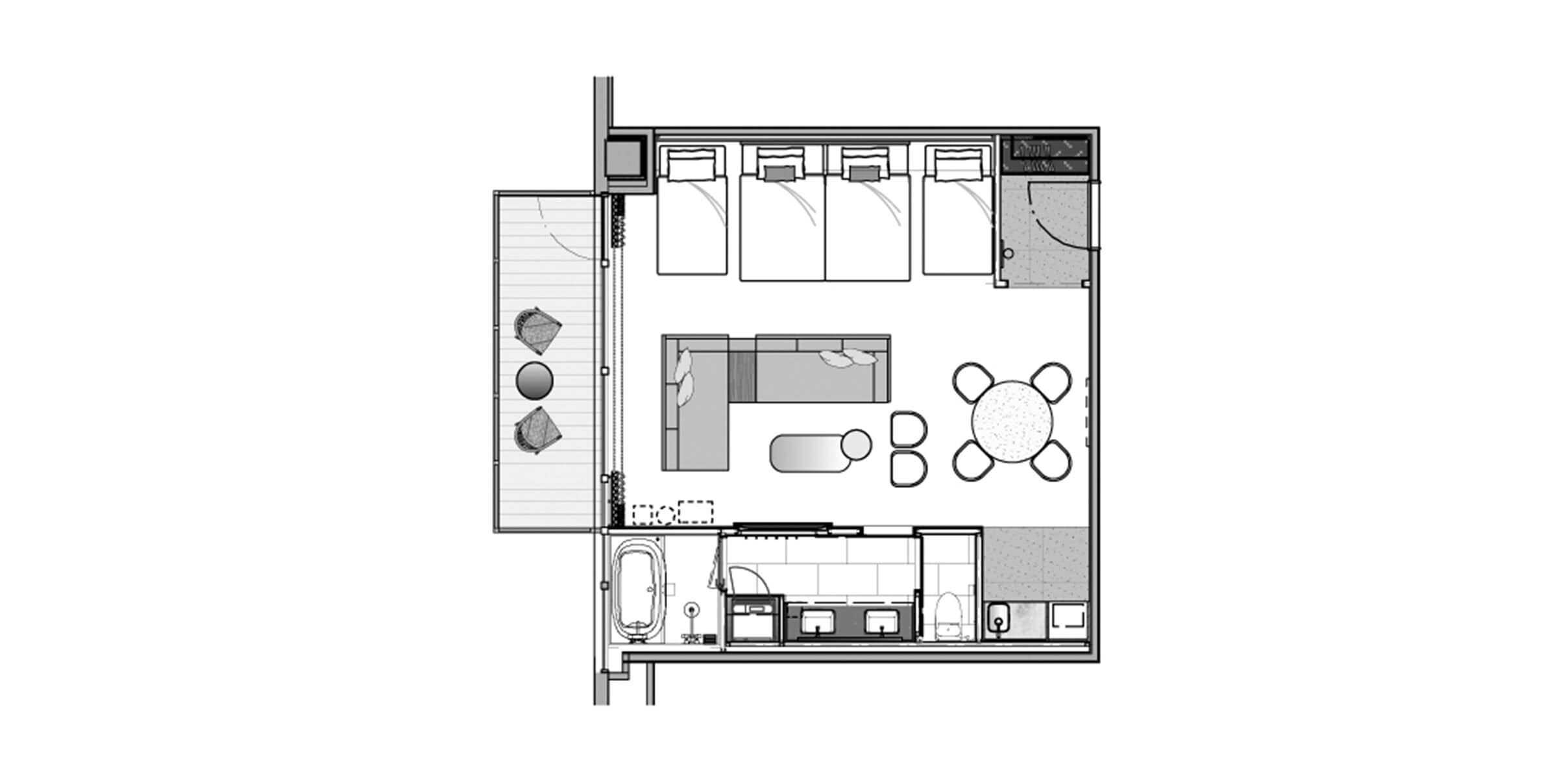 A hotel room layout with a bed, two bedside tables, a desk, a chair, a small bathroom, and a kitchenette.