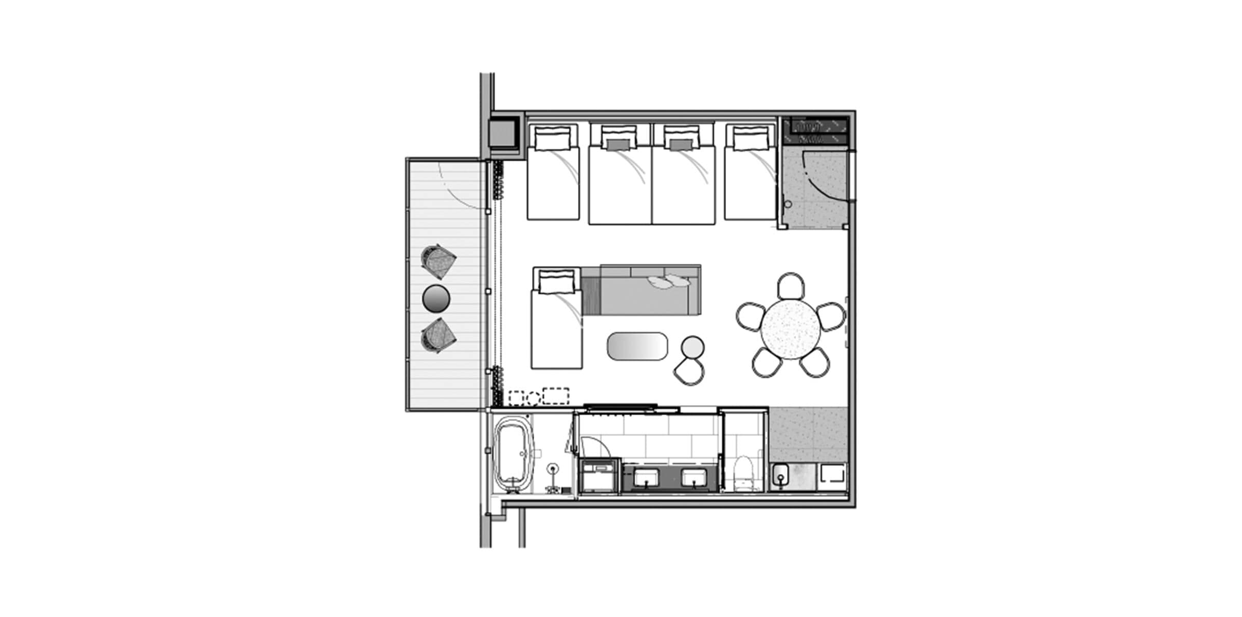 A floor plan of a hotel room with a bed, a desk, a chair, a small bathroom, and a dining area with a table and chairs.