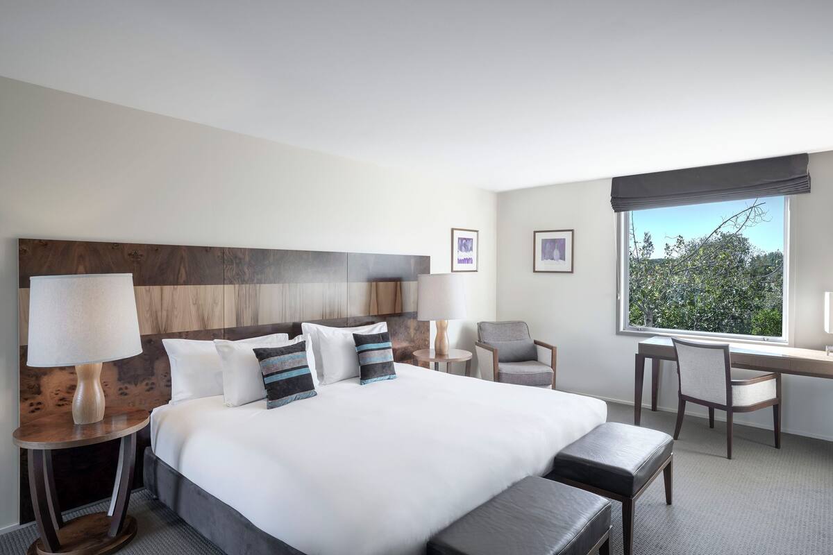 A hotel room with a large bed, two chairs, a desk, and a window with a view of trees.