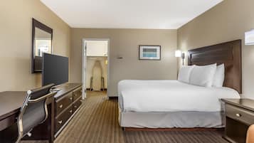 A hotel room with a bed, a desk, a chair, a dresser, and a mirror.