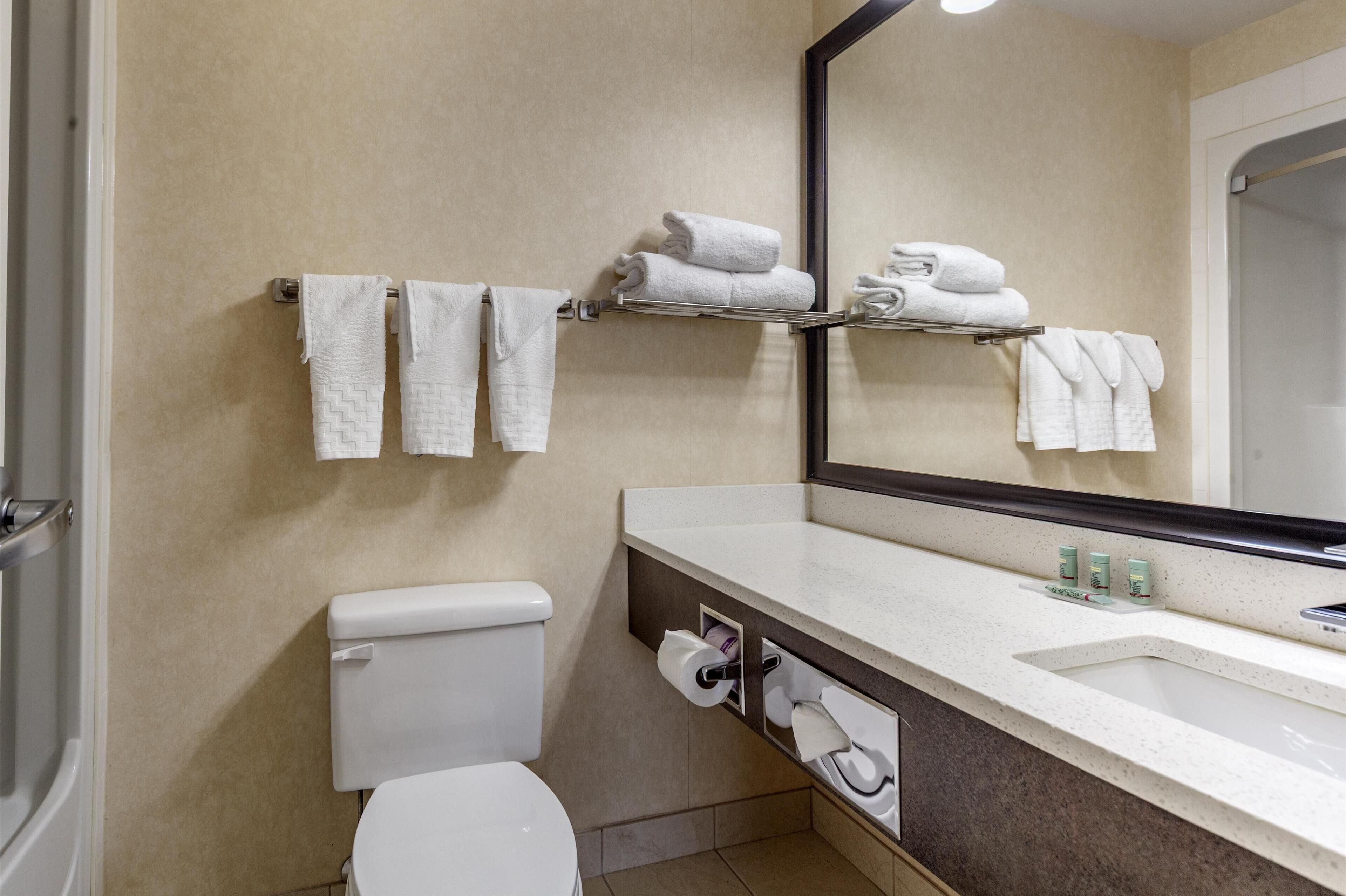 standard room, 2 queen beds, non smoking, refrigerator & microwave (larger room) | bathroom | shower, free toiletries, hair dryer, towels