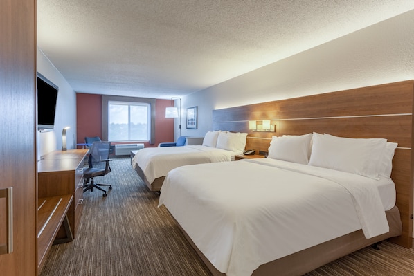 A hotel room with two beds, a desk, a chair, a TV, and a window with a view. - Holiday Inn Express & Suites O'Fallon/Shiloh by IHG (O'Fallon)
