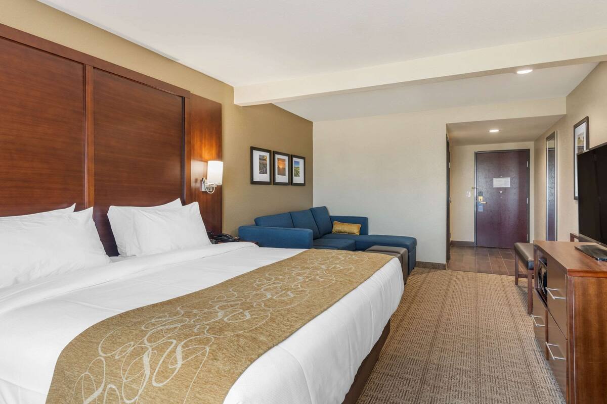 A hotel room with a large bed, a sofa, a desk, and a television.