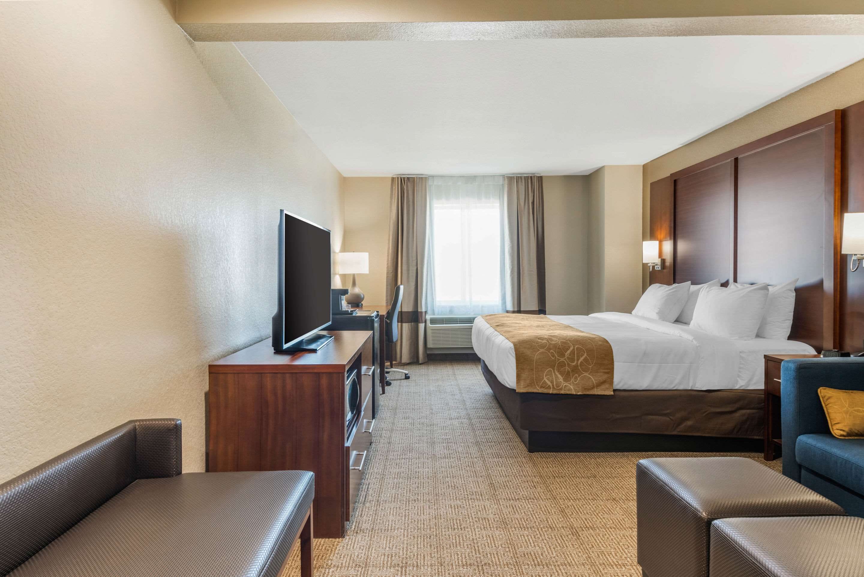 Habitación de hotel con cama, escritorio con televisor, silla, sofá y ventana con cortinas.