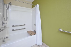 Standard Room, 1 King Bed, Accessible, Bathtub (Mobility Accessible) | Bathroom | Combined shower/tub, hair dryer, towels, soap