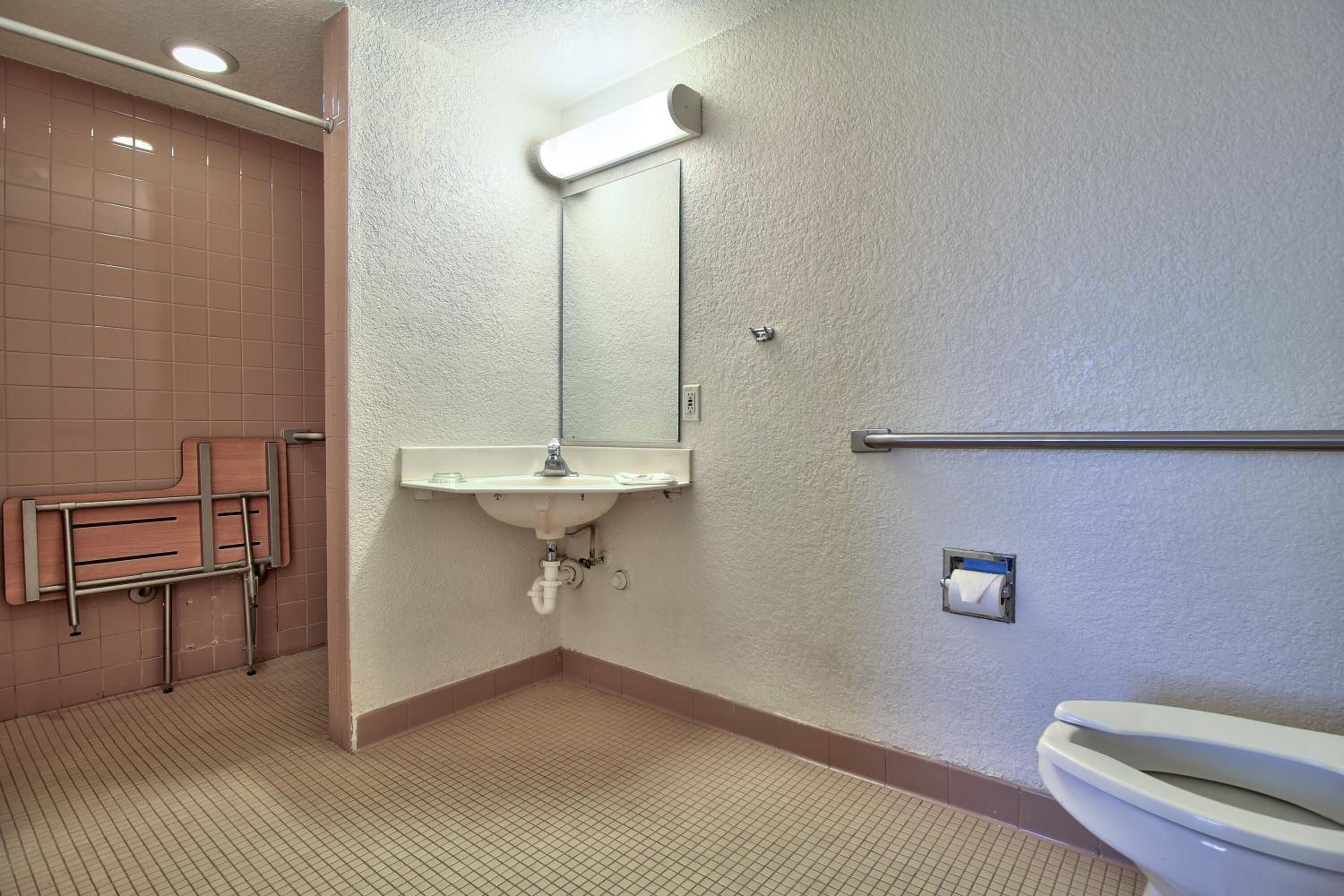 A bathroom with a sink, mirror, toilet, and a handrail.