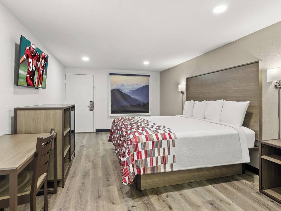 Ein Hotelzimmer mit einem Bett, einem Schreibtisch, einem Stuhl, einem Bild an der Wand und einer Lampe.