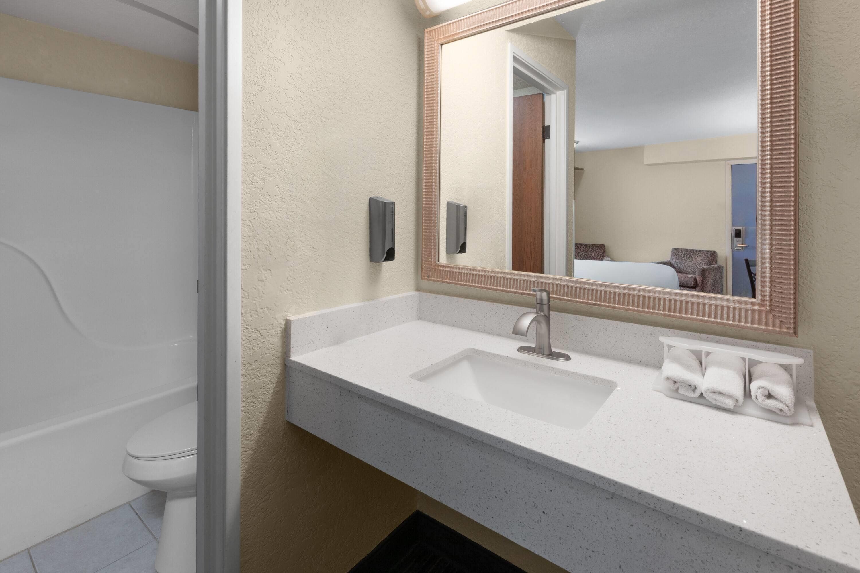 A bathroom with a white sink, a large mirror, and a towel rack.
