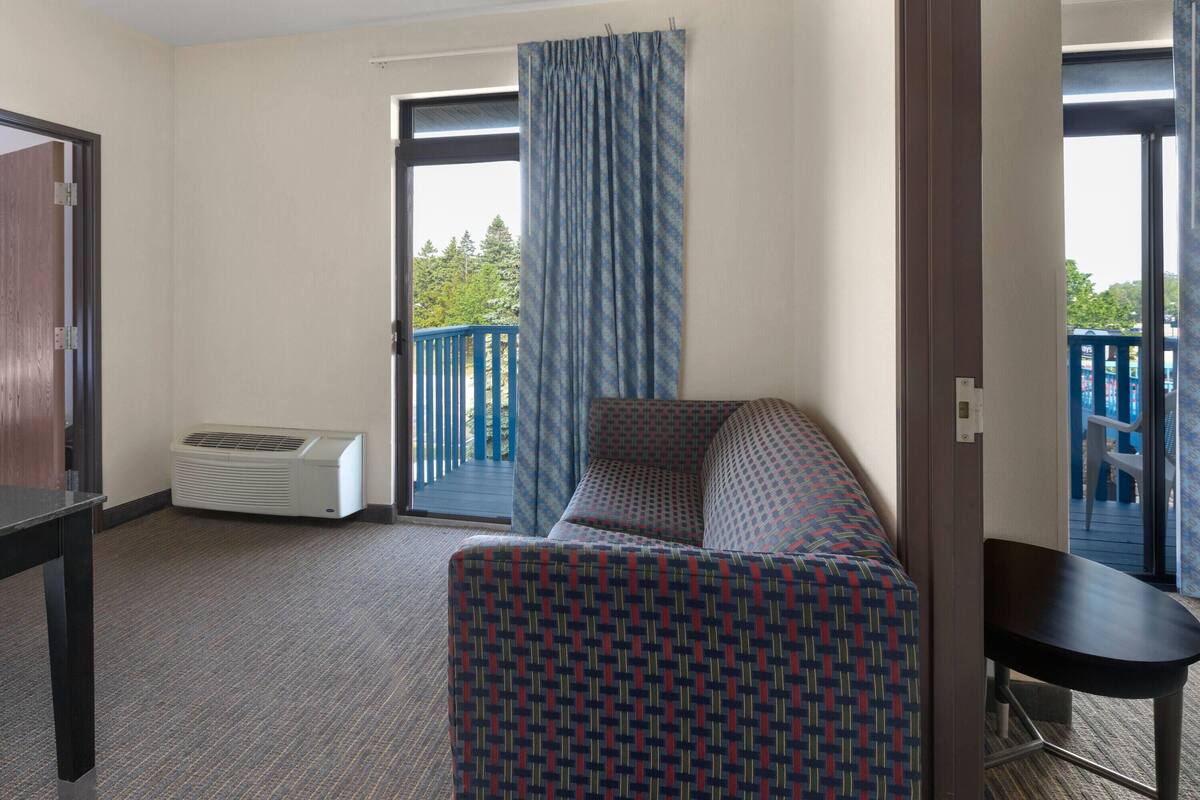 Una habitación con un sofá estampado, una mesita, un calefactor portátil y vistas al exterior a través de una puerta.