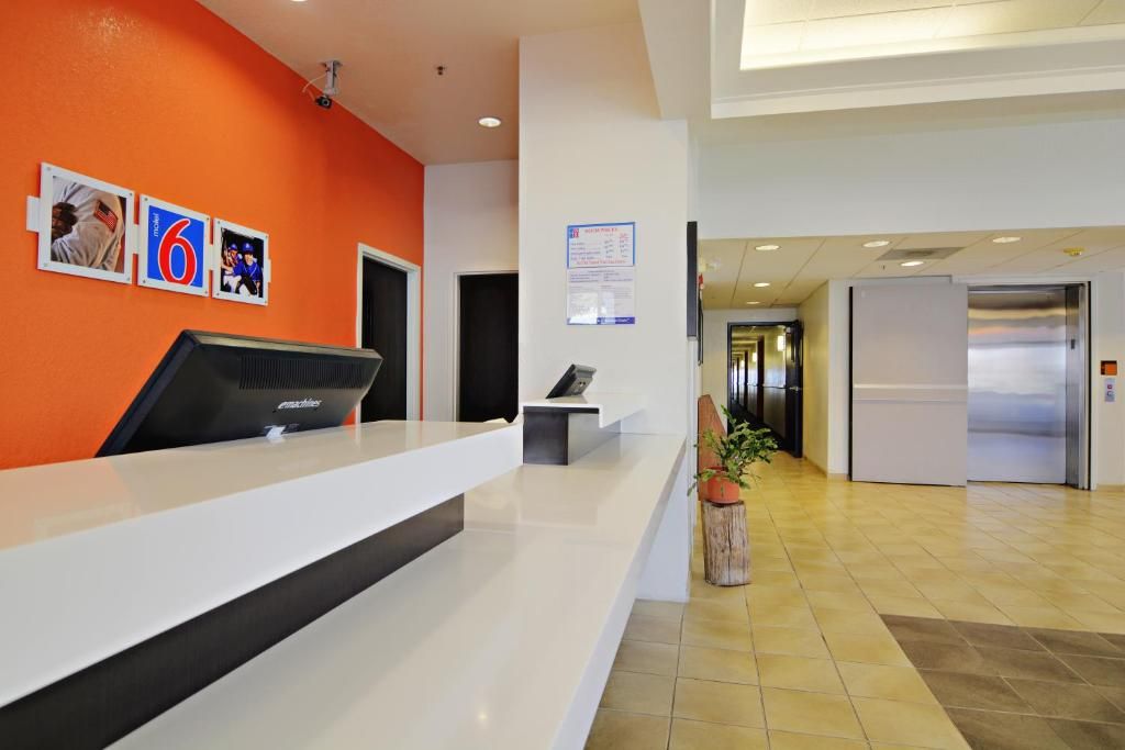 A hotel reception area with a modern design, featuring a reception desk, a potted plant, and a view of the hallway leading to elevators.