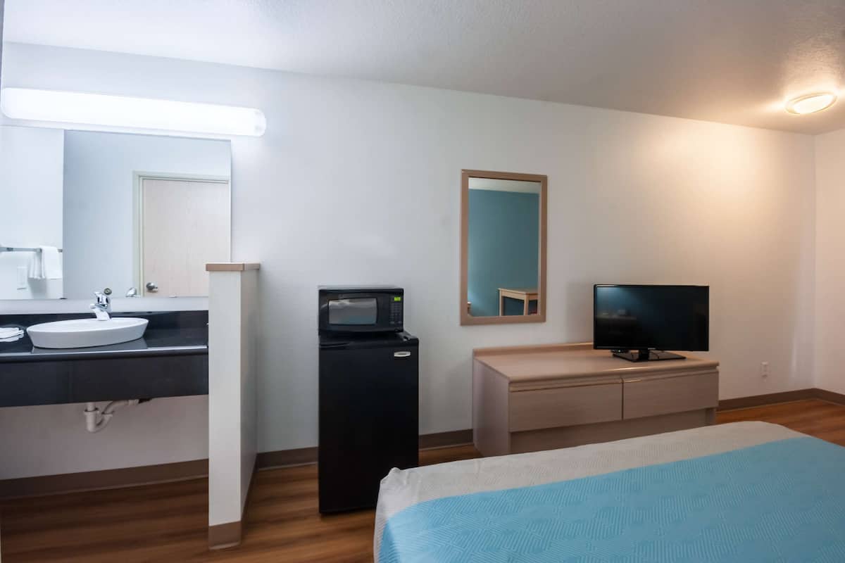A hotel room with a bed, a desk, a television, a microwave, and a sink.