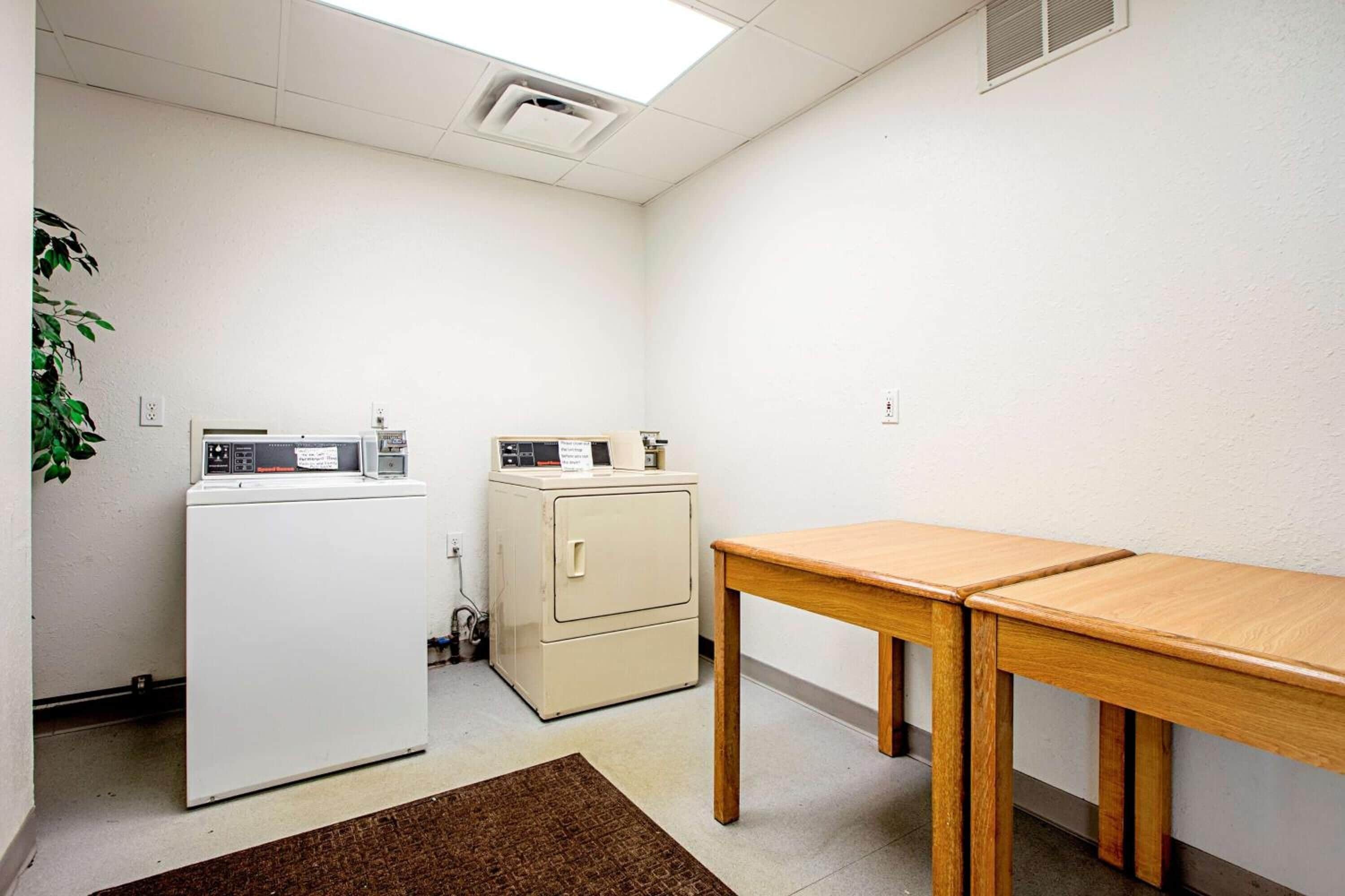 A laundry room with a washing machine, dryer, and a small cabinet. There is a wooden table and a brown rug on the floor.