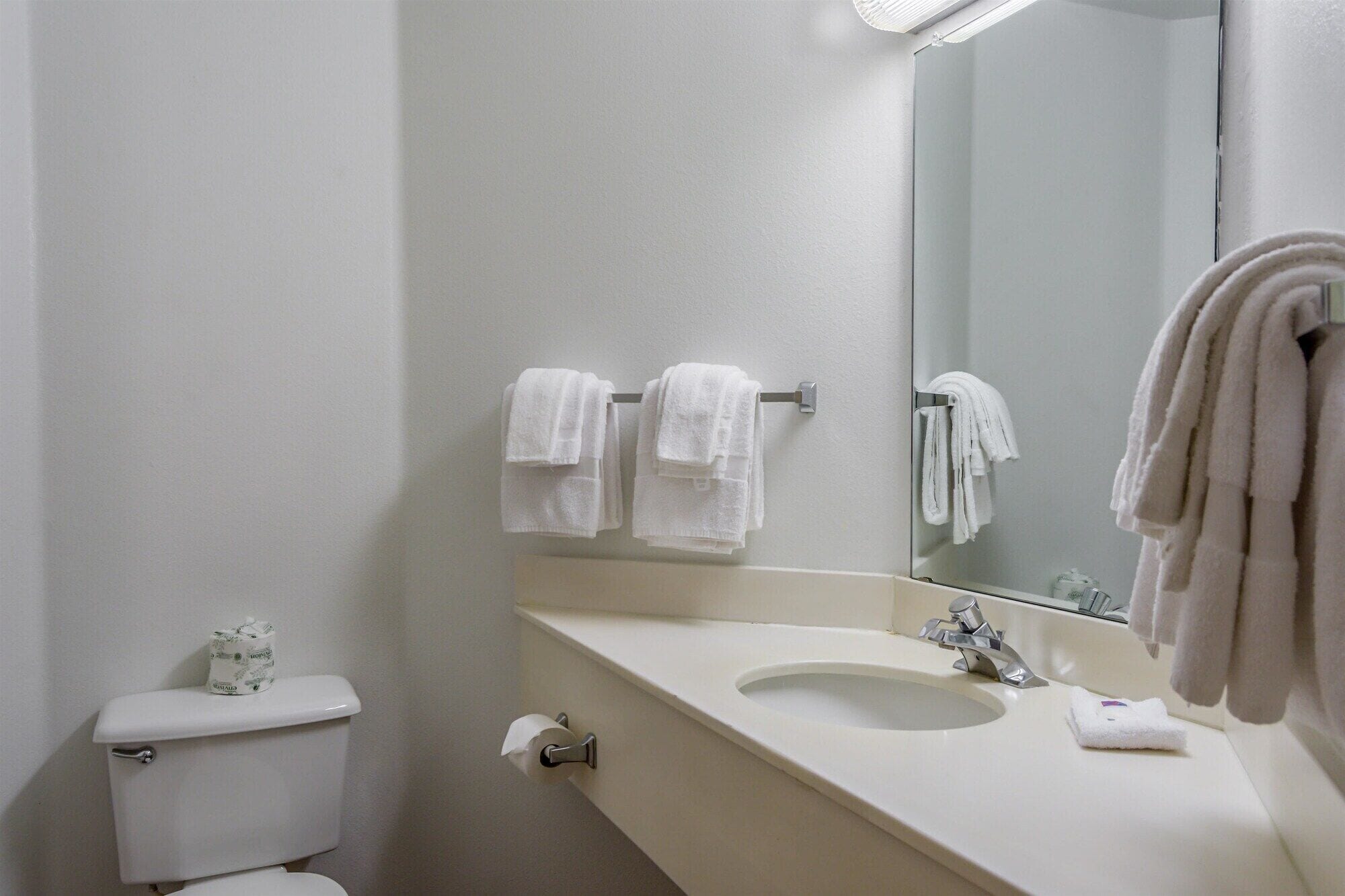 A bathroom with a toilet, sink, and mirror. There are towels hanging on the wall and a roll of toilet paper on the toilet.