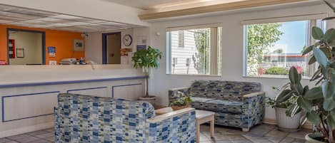 A reception area with a check-in counter, two patterned sofas, a small table, and a large potted plant.